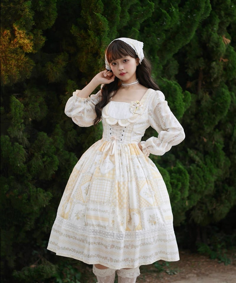 日本製フレームワークチュニックワンピース白ホワイトパッチワーク七分袖膝丈水玉綿 日本製フレームワークチュニックワンピース白ホワイトパッチ