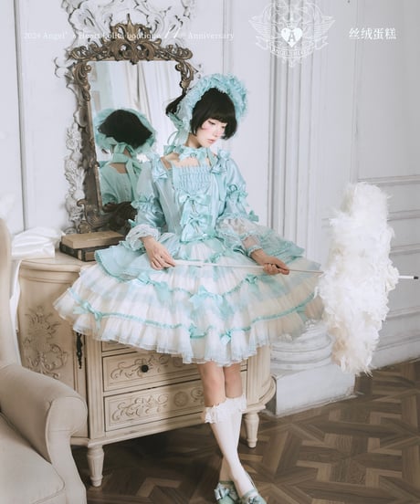 【送料無料！】「ベルベットケーキ2.0」若草＆サックスドレス＆ボンネットセット【1/2まで】