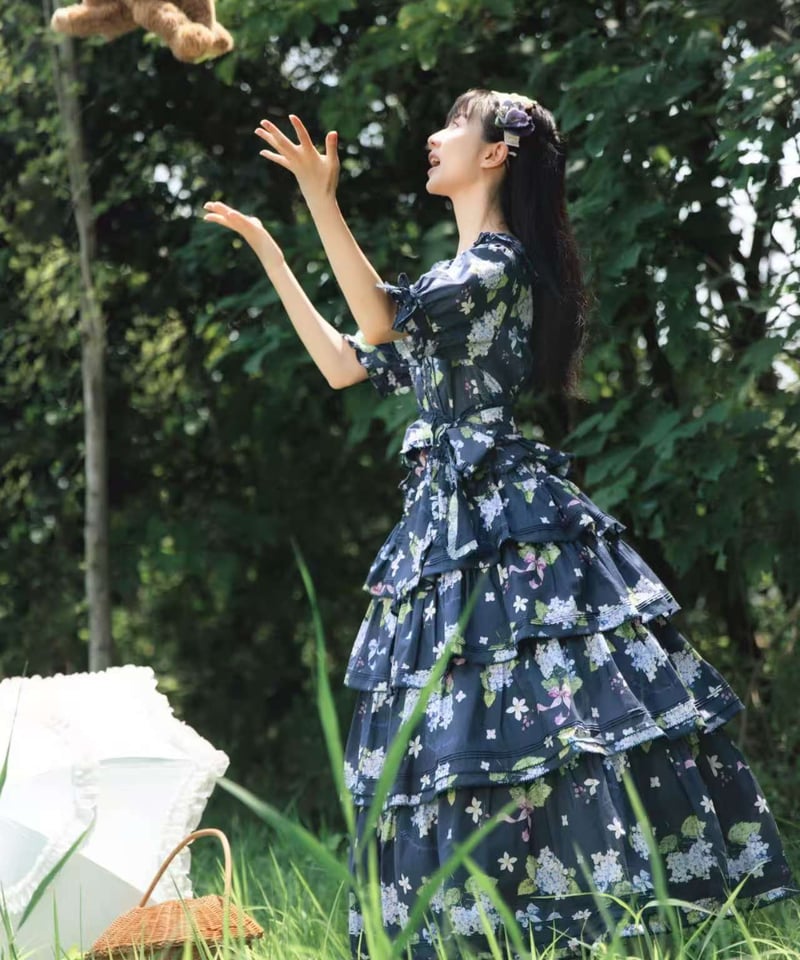 アジサイとくまちゃん」半袖ブラウス＆段々スカートセット 【9/15まで