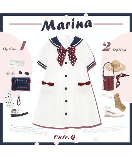 【即納】「Marine」半袖ワンピース（白×赤紺）ロリータ