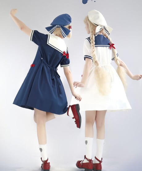 【即納】「Marine」半袖ワンピース（白×赤紺）ロリータ
