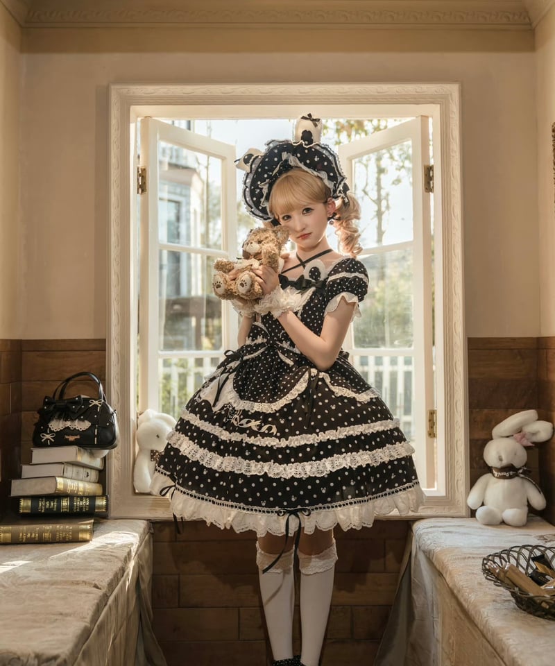 ラビットリボン」ドットワンピース＆ボンネット（新色追加）【6/15まで