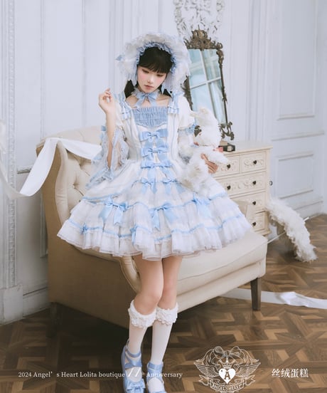 【送料無料！】「ベルベットケーキ2.0」若草＆サックスドレス＆ボンネットセット【1/2まで】