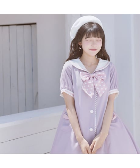 【即納】「Marine」半袖ワンピース（白×赤紺）ロリータ