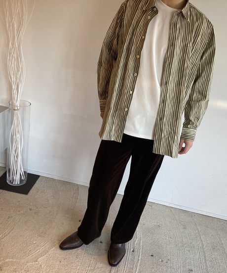 WA Oversize Shirt - よろけ縞模様（緑）