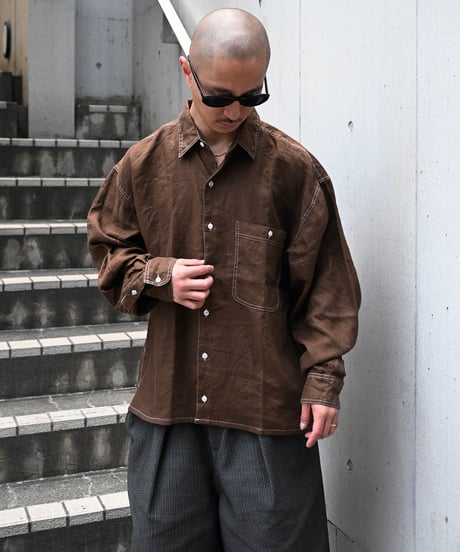 Deadstock Goouch Customize Long Sleeve Linen Shirt Brown Over Dye