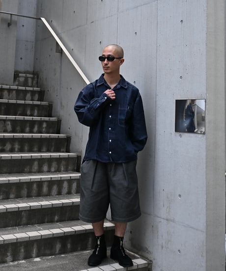Deadstock Goouch Customize Long Sleeve Linen Shirt Navy Over Dye