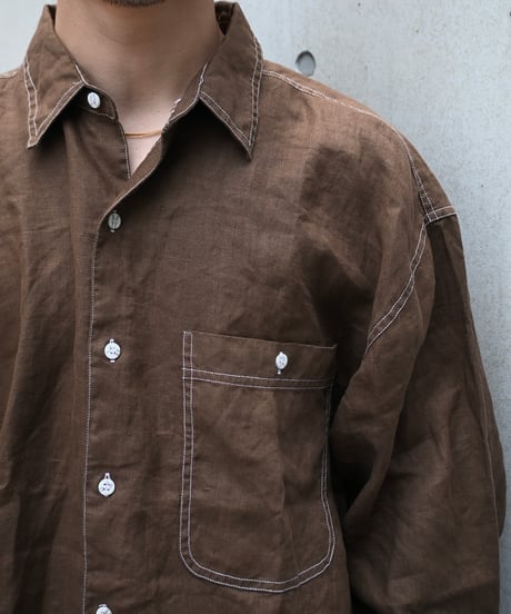 Deadstock Goouch Customize Long Sleeve Linen Shirt Brown Over Dye