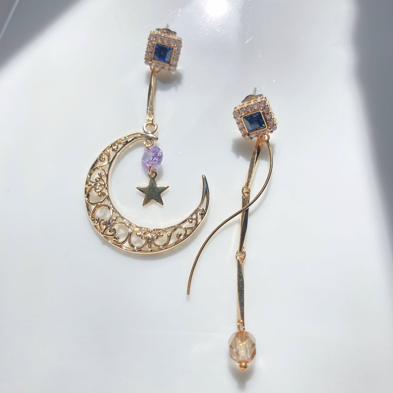 ゆめ◆レア✧ゴールデンヒルターコイズ×あこやケシ アシンメトリーピアス 星のカケラ 月のしずく☆アシンメトリーピアス☽ | ＆ Door