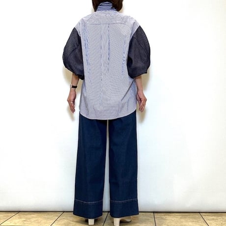 【Lallia mu／ラリアムー】バルーンハーフスリーブストライプシャツ