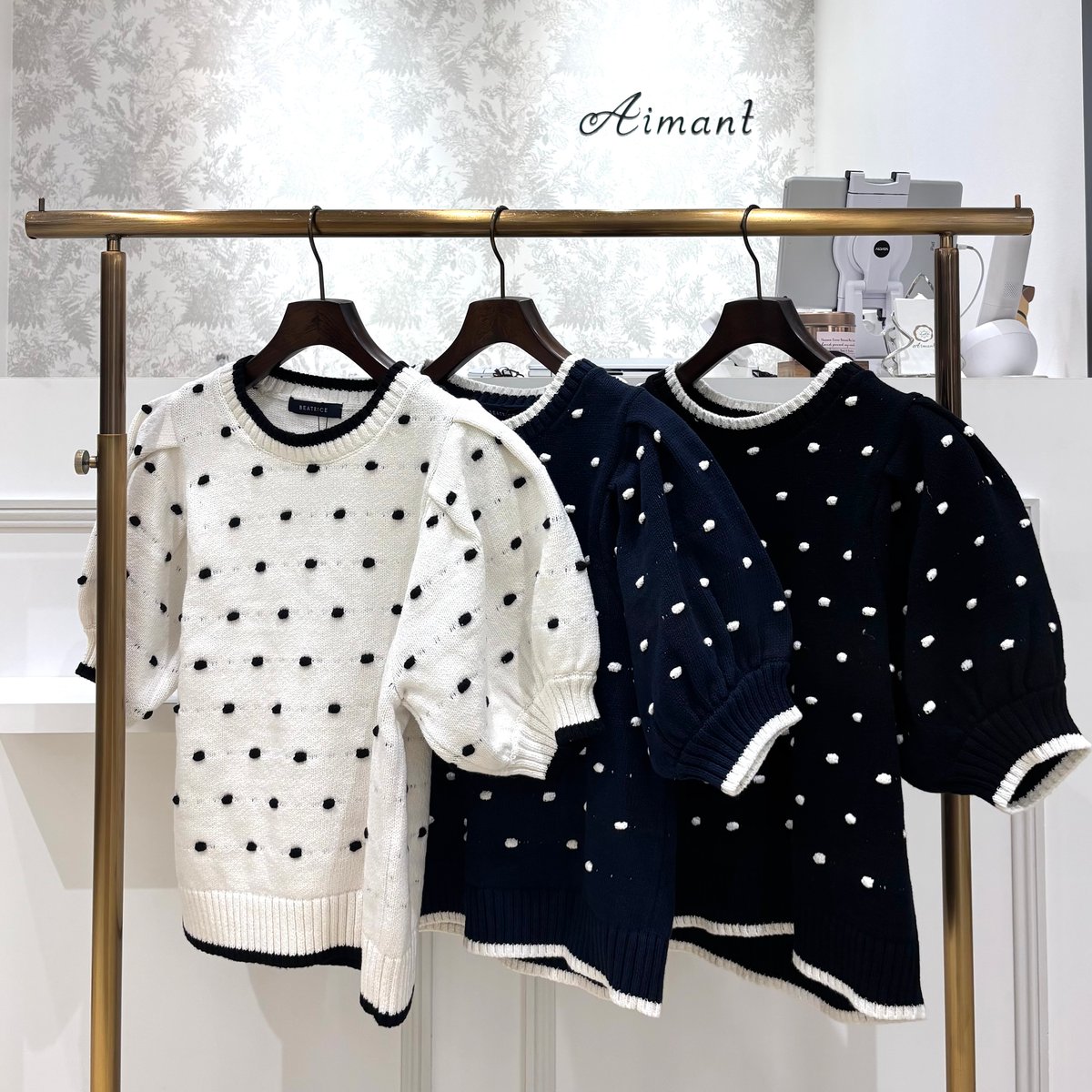 BEATRICE／ベアトリス】ドット柄5分袖コットンニットプル