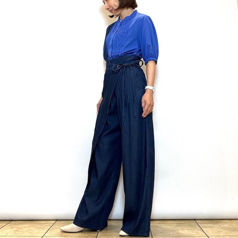 lallia mu ラリアムー　デニム ワイドパンツ ドローストリング 青 lallia mu ラリアムー デニム ワイドパンツ ドローストリング 青