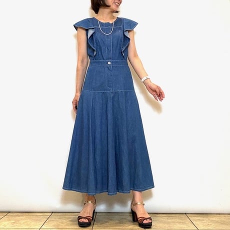 【B7／ベーセッツ】フリル袖ダンガリーワンピース