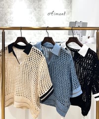 【Lallia mu／ラリアムー】フィッシュネットニットポロ