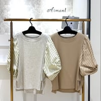 【Priority／プライオリティ】ストライプバルーン袖カットソー