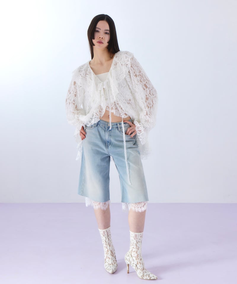 lace layered half denim pants | The Girls Society