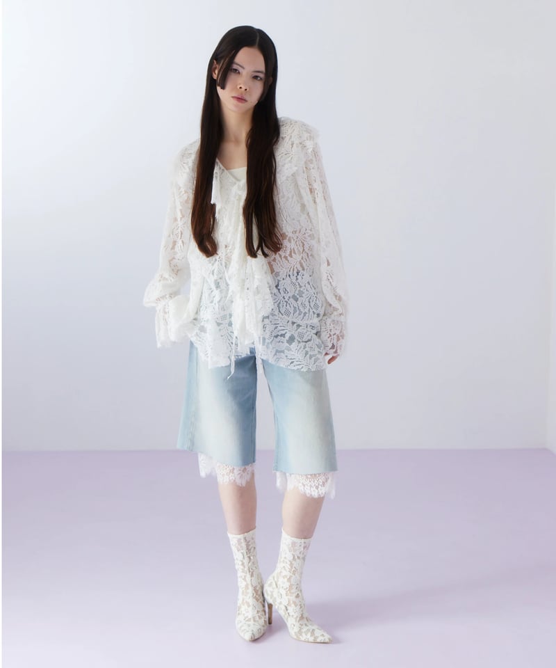 lace layered half denim pants | The Girls Society