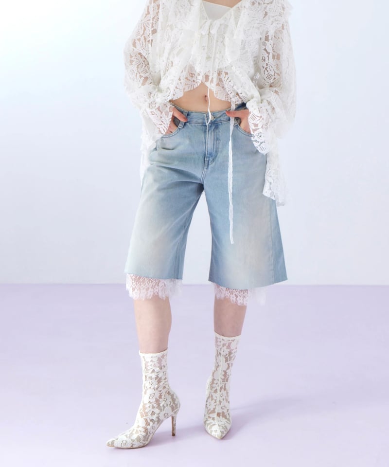 lace layered half denim pants | The Girls Society