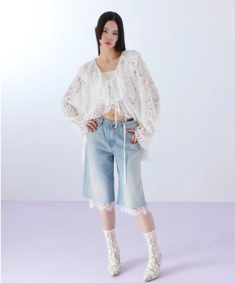 lace layered half denim pants | The Girls Society