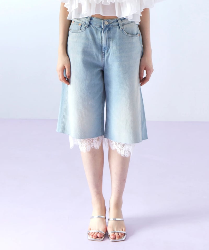 lace layered half denim pants | The Girls Society