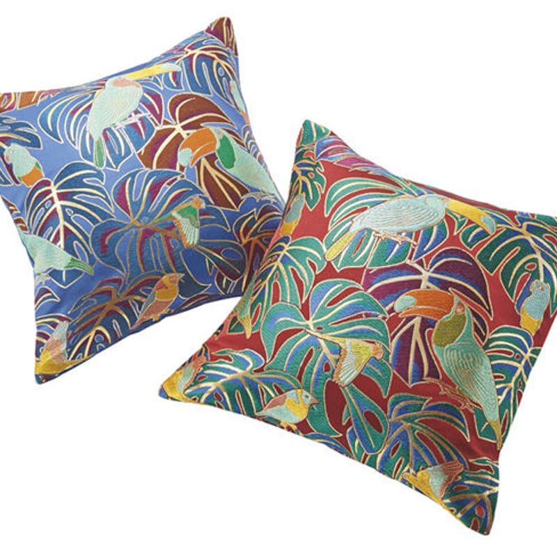 西陣織 正絹 モンステラと鳥 クッションカバー レッド | 西陣岡本