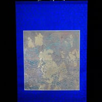 西陣織 金襴 真珠粉本銀箔模様引箔　「源氏物語」第七帖　紅葉賀　掛け軸　上の句  ものおもうに