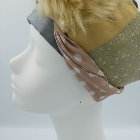 きらめくゴージャスデラックス ファー ターバン　Live Turban　ニシジーナ＆ニシジーノ　白茶地　水紋ゆらぎ紋様＆白茶地　葉脈紋様　109