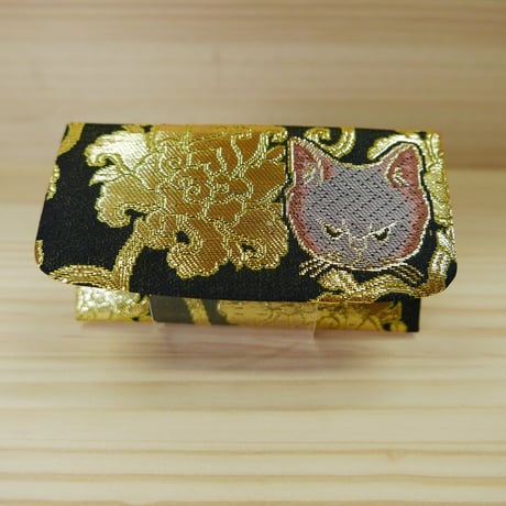 西陣織　nya! にらみちゃん　黒地×桃色　名刺入れ