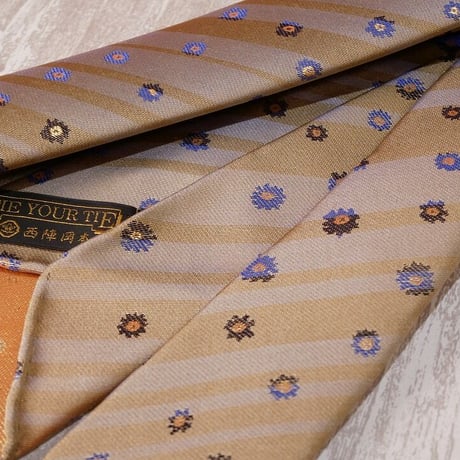 TIE YOUR TIE×西陣岡本　セッテピエゲ　ストライプ＆フラワー紋様　J　白茶青紺/ Stripe & Flower J