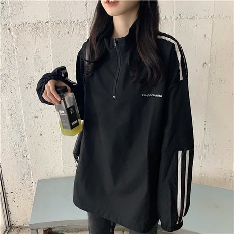 ハーフジップ プルオーバー トップス 韓国ファッション レディース 袖ライン ジャージ スポーツ カジュアル ストリート DTCA-624665017754