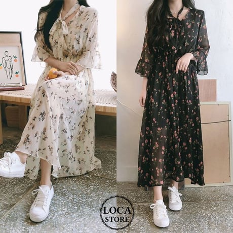 レディース 花柄レースワンピース ボウタイ リボン ガーリー ウエストゴム フェミニン 韓国ファッション オルチャン (DCT-591782460782)