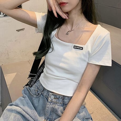 クロップド丈 Tシャツ スクエアネック へそ出し 半袖 夏 韓国ファッション レディース ショート丈 トップス カットソー 大人可愛い ガーリー DTC-639879592437