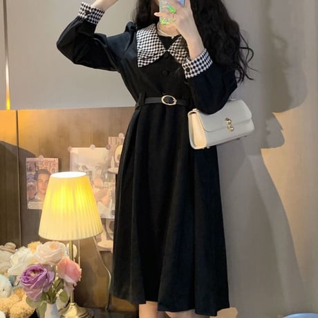 襟付き コーデュロイ ワンピース チェック柄 ベルト aライン 長袖 ハイウエスト レトロ 韓国ファッション レディース 大人可愛い ガーリー フェミニン DTC-661253732995