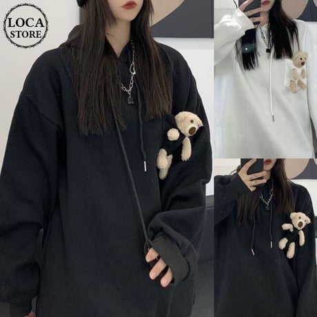 ユニセックス パーカー クマのぬいぐるみ付き プルオーバー プラスベルベット 長袖 オーバーサイズ 韓国ファッション メンズ レディース カジュアル ストリート系 DTC-660128840646