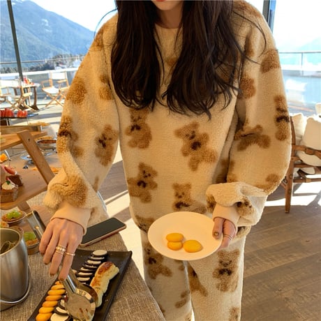 ルームウェア パジャマ セットアップ 総柄 クマ ベアー もこもこ ボア 上下セット 部屋着 寝間着 大人可愛い ガーリー DTC-657813692170