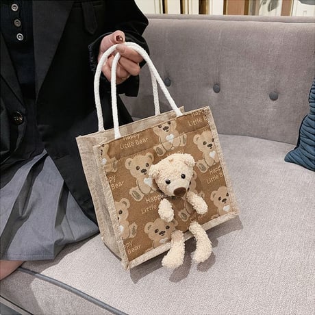 クマのぬいぐるみ付き 麻バッグ クマ柄 ハンドバッグ キャンバスバッグ ミニバッグ ジッパー シンプル レトロ DTC-642371601971