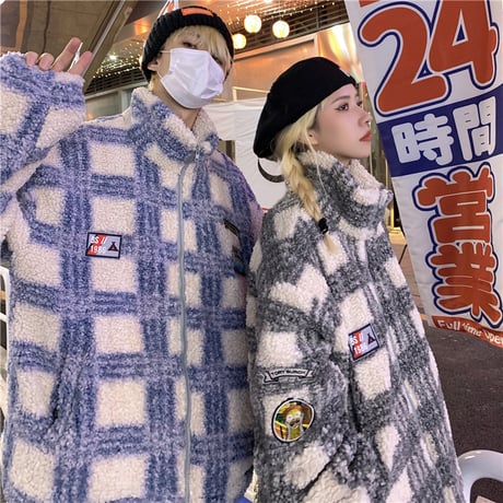 ユニセックス チェック柄 ボアジャケットもこもこ ラムウール ジップアップ 男女兼用 ショートコート ゆったり ボア カジュアル ストリート系 DTC-634195642983