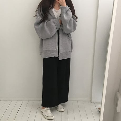 フード付 ニット カーディガン アウター レディース グレー パーカー ボリューム袖 パフ袖 長袖 大人カジュアル 春 秋 韓国 韓国ファッション (DTC-602105464098_1)