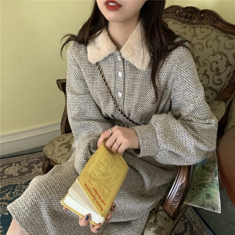 ボアカラーワンピース ボア襟 長袖 Aライン 韓国ファッション レディース ワンピース フレアワンピース 可愛い ガーリー DTC-629005220303