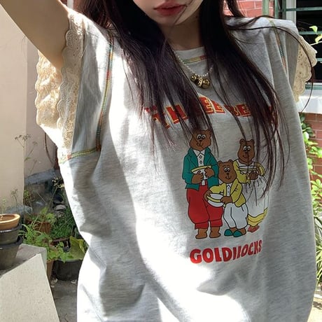 Tシャツ フライングスリーブ レース トップス ノースリーブ オーバーサイズ レトロ 韓国ファッション レディース 大人可愛い ガーリー カジュアル DTC-768900343552