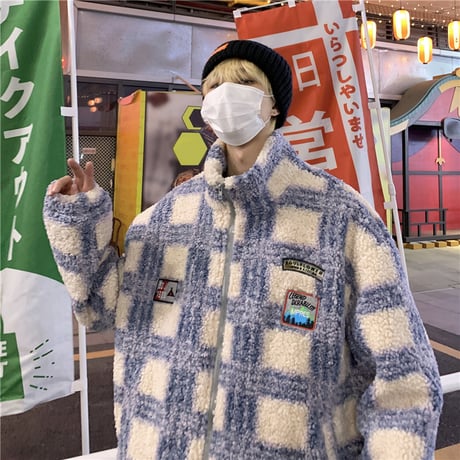 ユニセックス チェック柄 ボアジャケットもこもこ ラムウール ジップアップ 男女兼用 ショートコート ゆったり ボア カジュアル ストリート系 DTC-634195642983
