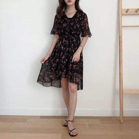 レディース 花柄シフォンワンピース レトロ ハイウエスト フェミニン ガーリー 韓国ファッション (DCT-594879835987)