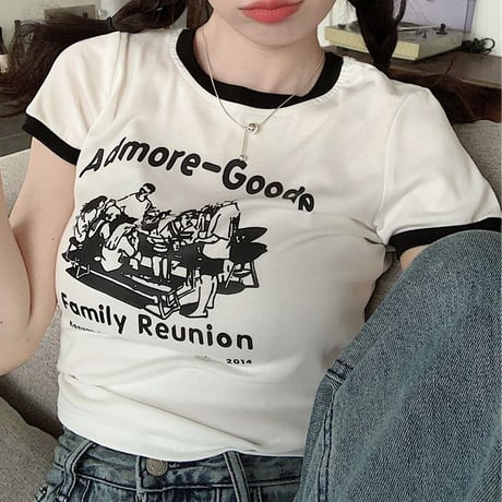 レトロプリント Tシャツ ショート丈 半袖 クルーネック スリムフィット レトロ カジュアル ストリートファッション ストリート系女子 DTCA-702505709620