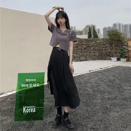 セットアップ 不規則デザイン クロップドTシャツ ＋ スプリットスカート 韓国ファッション レディース 2点セット Tシャツ スカート ハイウエスト DTC-642828357858