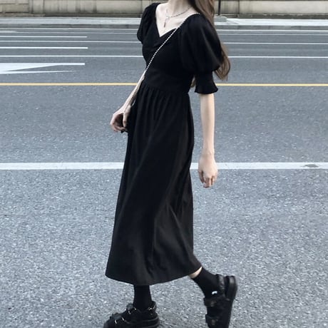 ワンピース ブラック Vネック パフスリーブ 半袖 ハイウエスト Aライン ロング丈 薄手 韓国ファッション レディース 大人可愛い ガーリー DTC-652574315854