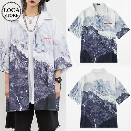 ユニセックス シャツ 柄シャツ 雪山 プリント 半袖 オーバーサイズ メンズ レディース トップス 大きめ ルーズ カジュアル ストリートファッション DTC-613602056845