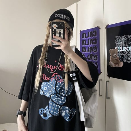 ユニセックス tシャツ ハート クマちゃん ベアー ルーズ 韓国ファッション メンズ レディース オーバーサイズ 大きめ カジュアル ストリート系 DTC-641736753814