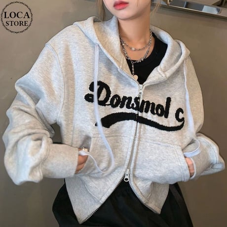ダブルジップ パーカー ショート丈 トップス ルーズ 長袖 レトロ 韓国ファッション レディース 大人可愛い ガーリー カジュアル DTC-700158220813