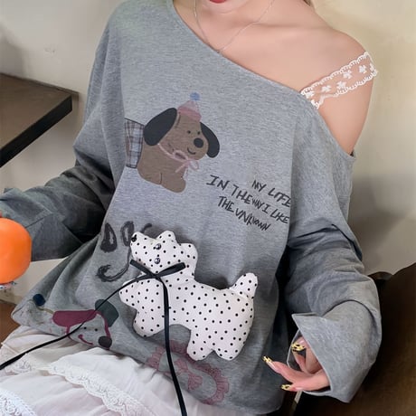 トップス ロンT レース肩紐 ワンショルダー オフショルダー わんちゃん リボン tシャツ 肩出し オーバーサイズ ゆったり 長袖 レトロ 大人可愛い ガーリー DTCA-838606400944
