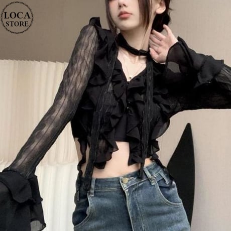 シアーブラウス レース フリル クロップド丈 ショート丈 スリムフィット シアー トップス スリムトップス uvカット 薄手 長袖 レトロ 大人可愛い ガーリー DTCA-705970322272